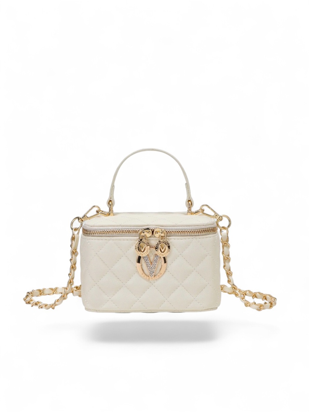 Valentino Orlandi V Logo Cream Quilted Top-Handle X-body Vanity Bag